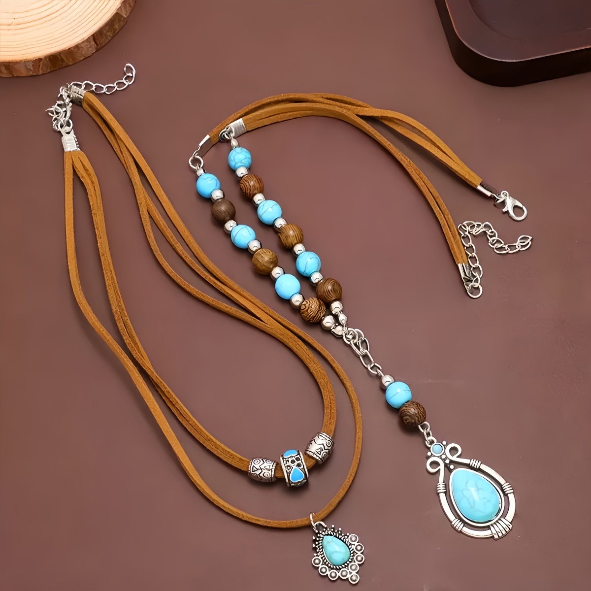 TEMU 2pcs Bohemian Double Layer Turquoise Pendant Necklaces, Western Retro Teardrop Pendant Chains, Suitable For Daily Wear, Vacation And