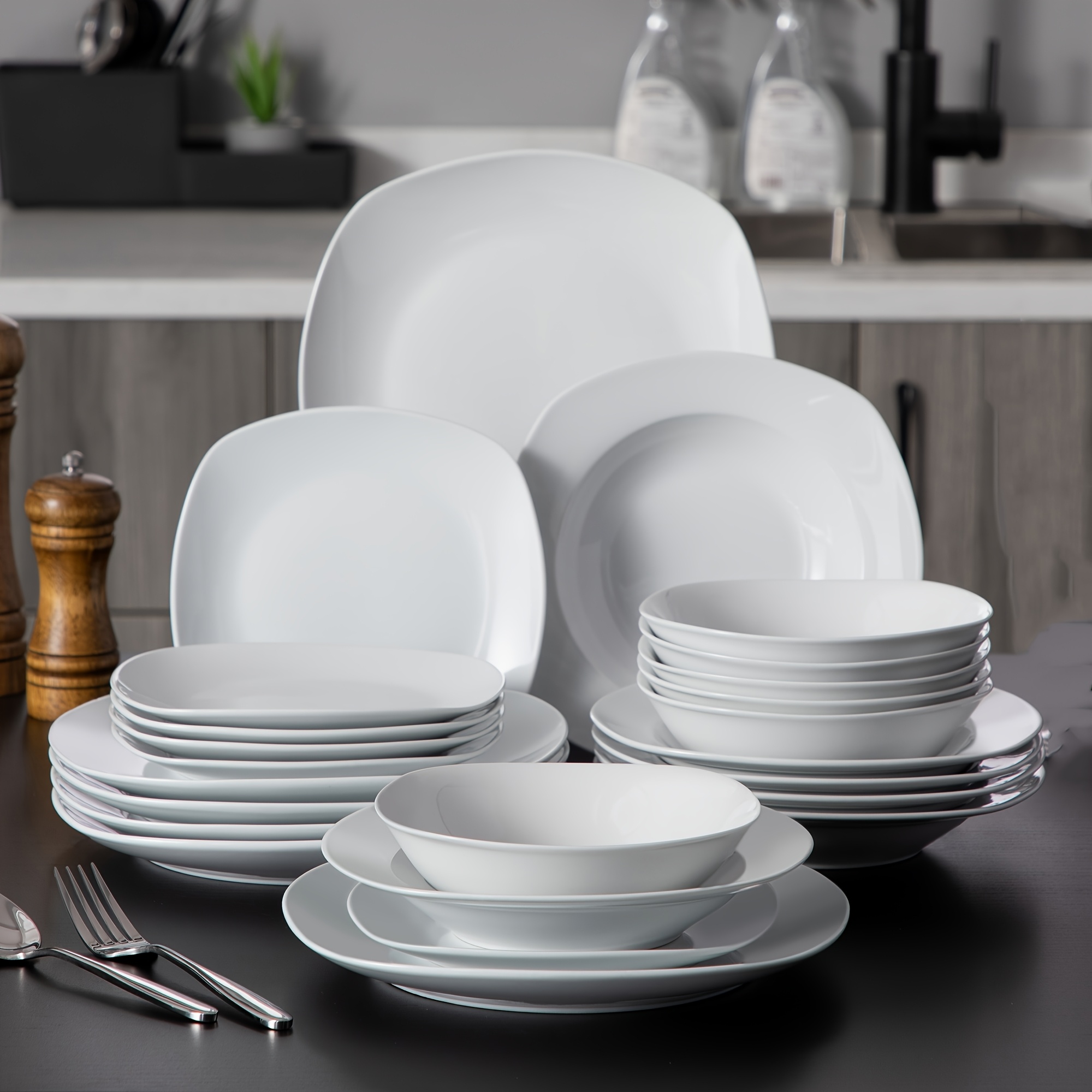 Image of 24pcs Porcelain Square Dishes, Gray White Modern Dish Set For 6 - Plates And Bowls Sets, Ideal For Dessert, Salad, And Pasta