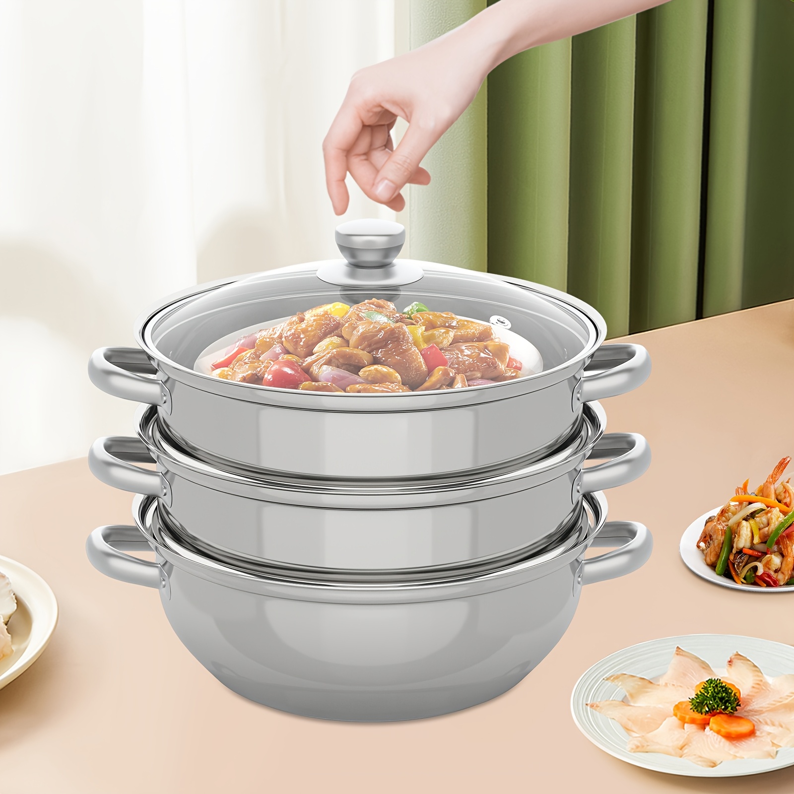 Image of 28cm Three-tier Stainless Steel Steamer With Glass Lid For Cooking