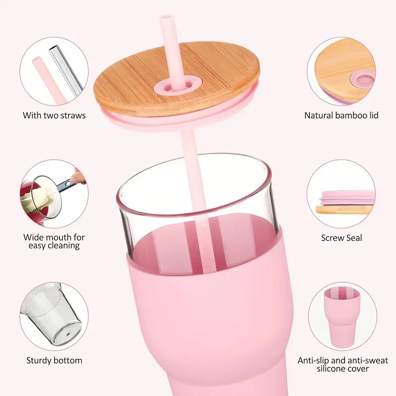 32oz glass with lid and straw silicone non slip sleeve heat in cold out suitable for iced tea beverages juices coffee lead free bpa free Product details 2