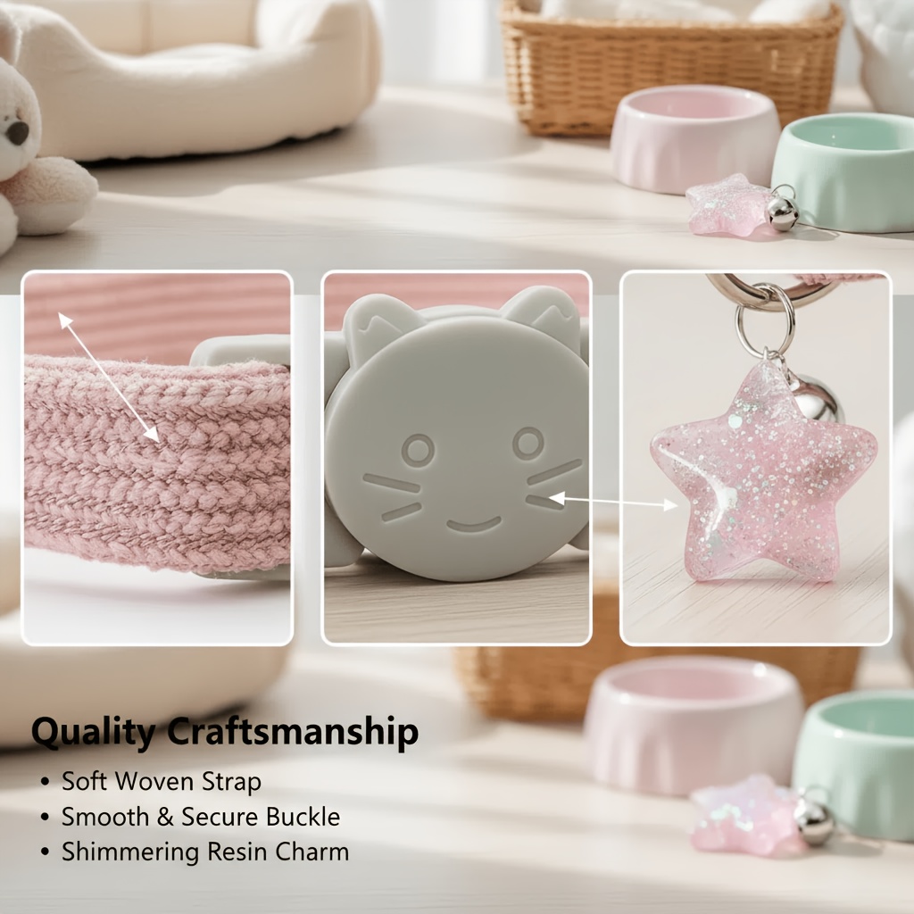 Personalized Round Tag Cat Collar with Bell and Flower Star Pendant