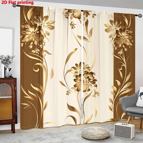2d flat 2d flat 2pcs curtains brown golden floral pattern elegant digital printing drapes perforated for privacy living room bedroom dining home decor 2d flat