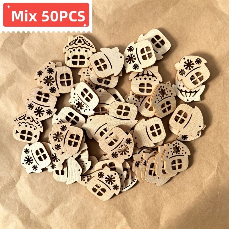 TEMU Mix 50pcs Wooden Christmas House Decorations - Perforated - Wooden Christmas Tree Decorations Suitable For Festival Wedding And Party Decoration