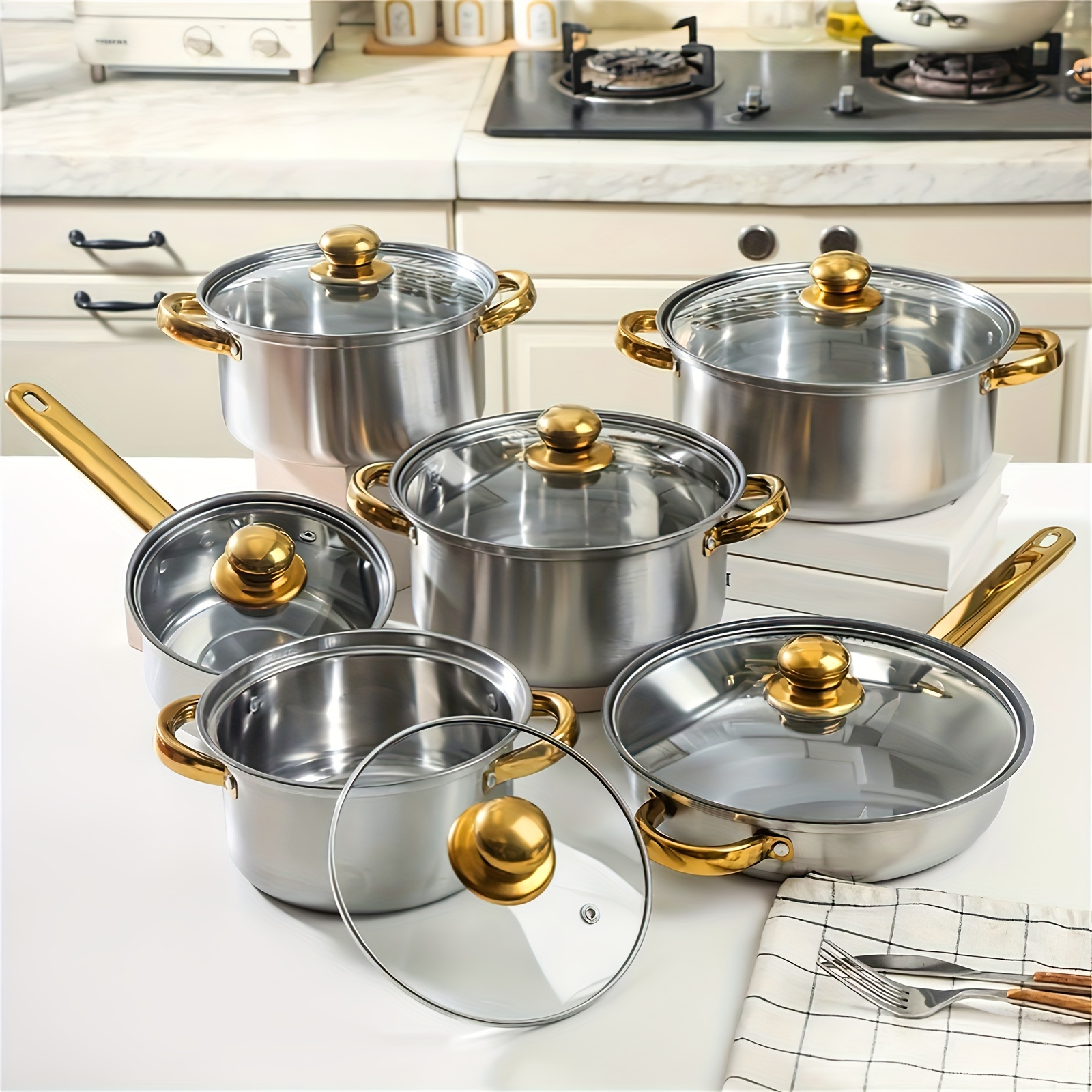TEMU 12pcs Outdoor Stainless Steel Cookware Set - Includes Soup Pot, Frying Pan, And Cooking Pot, 6 Cooking Utensils + 6 Golden Handle Lids, Outdoor