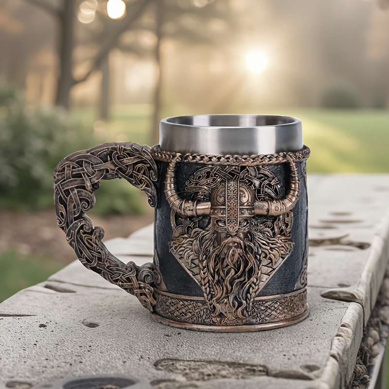 TEMU Jarra de acero inoxidable y resina vikinga, diseño artesanal grabado, vaso sin irrompible para hombre (no aislado)