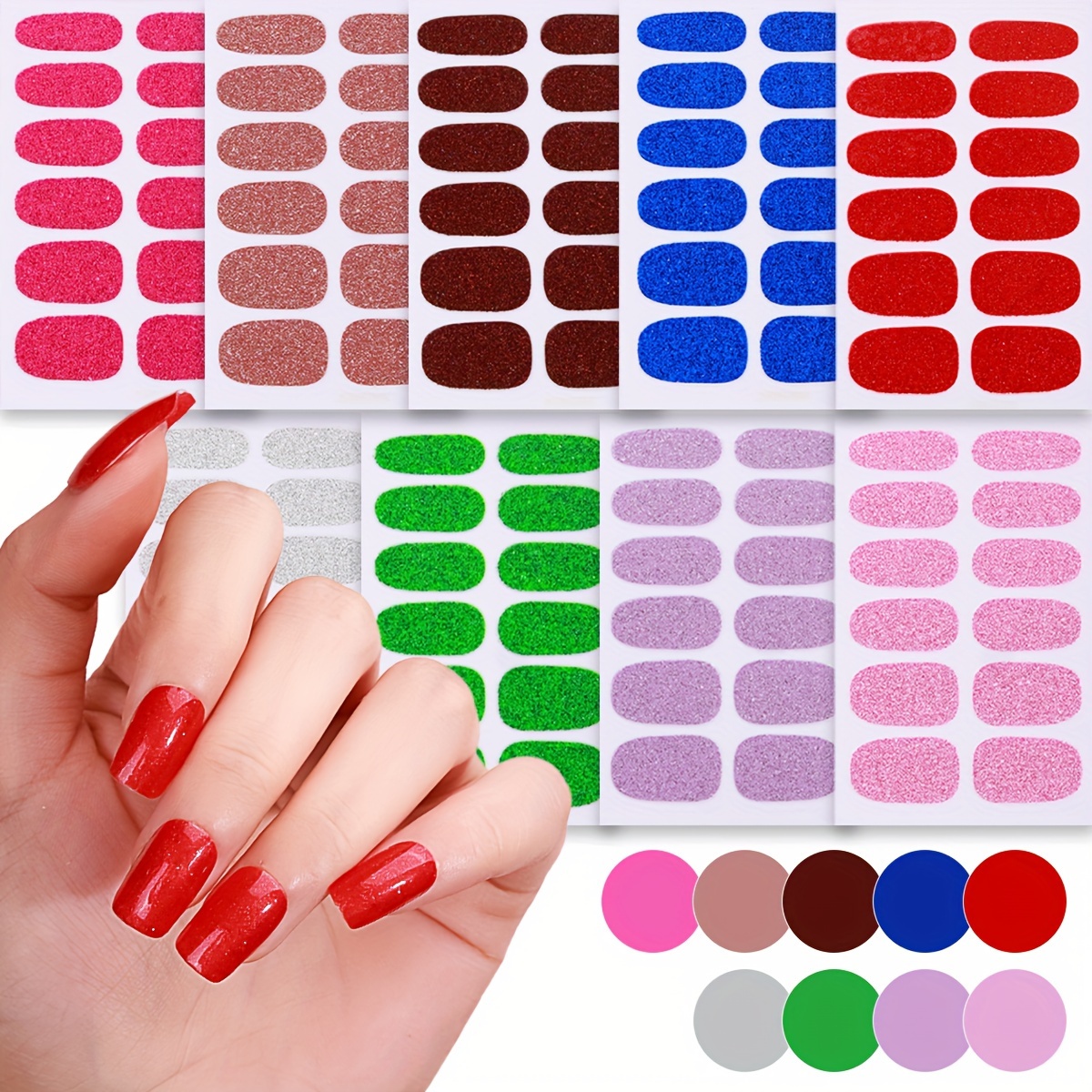 

9 Sheet Full Wrap Nail Polish Stickers, Glitter Nail Strips Self-adhesive Gel Nail Strips, Nail Art Decals For Home Women Girls Nail Decorations