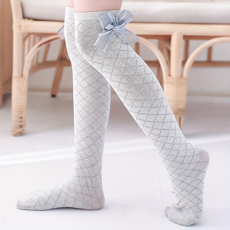 

1 Pair Of Girl's Bowknot Solid Checkered Knee High Socks, Breathable Cotton Blend Comfy Long Stockings, Children's Trendy Socks Daily Wear
