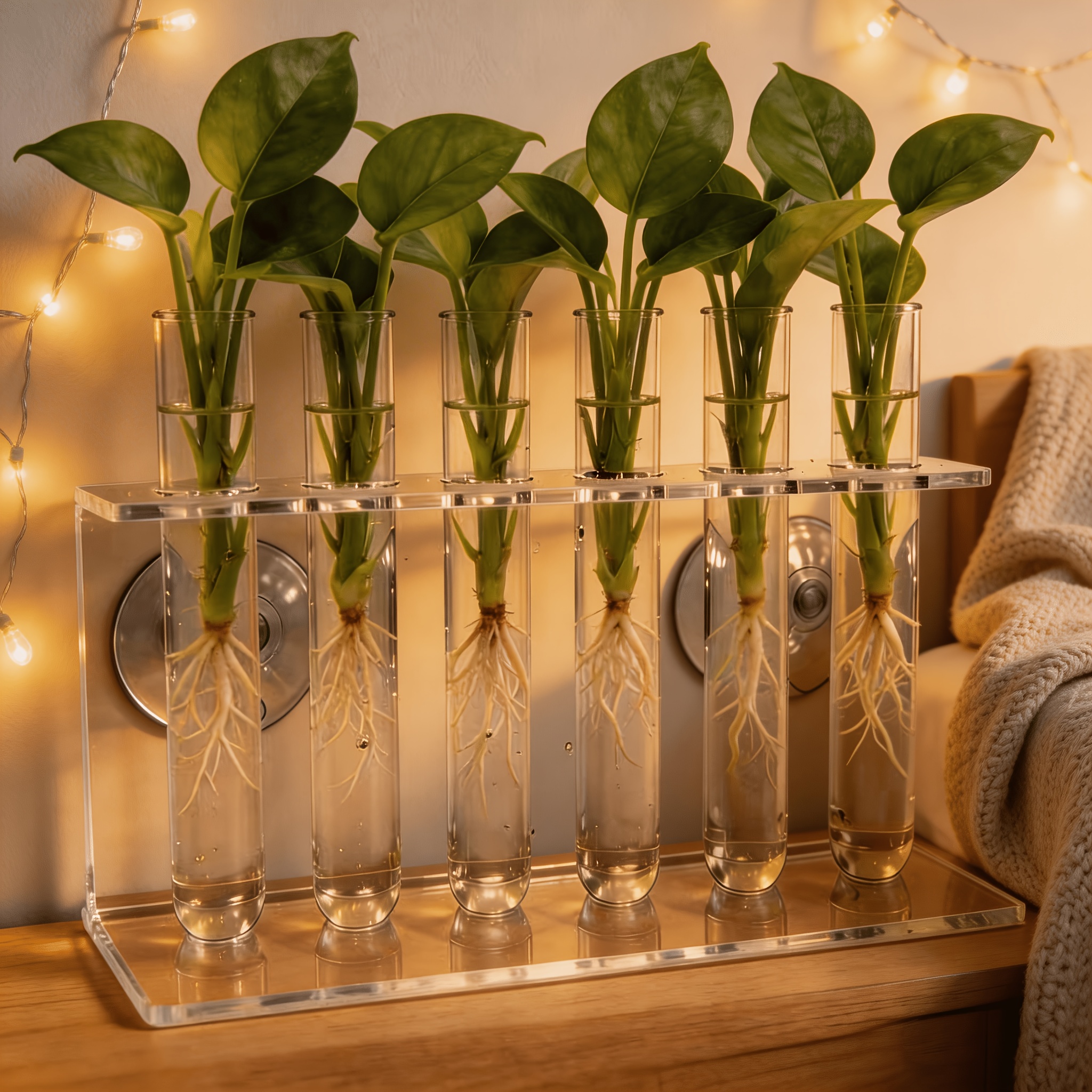 E-shop Klare, moderne Hydroponik-Pflanzbox - 6 Reagenzglas-Wand-/Büro-Garten mit 2 Saugnäpfen & Ständer (9-teiliges Set), Schau, wie Wurzeln , für
