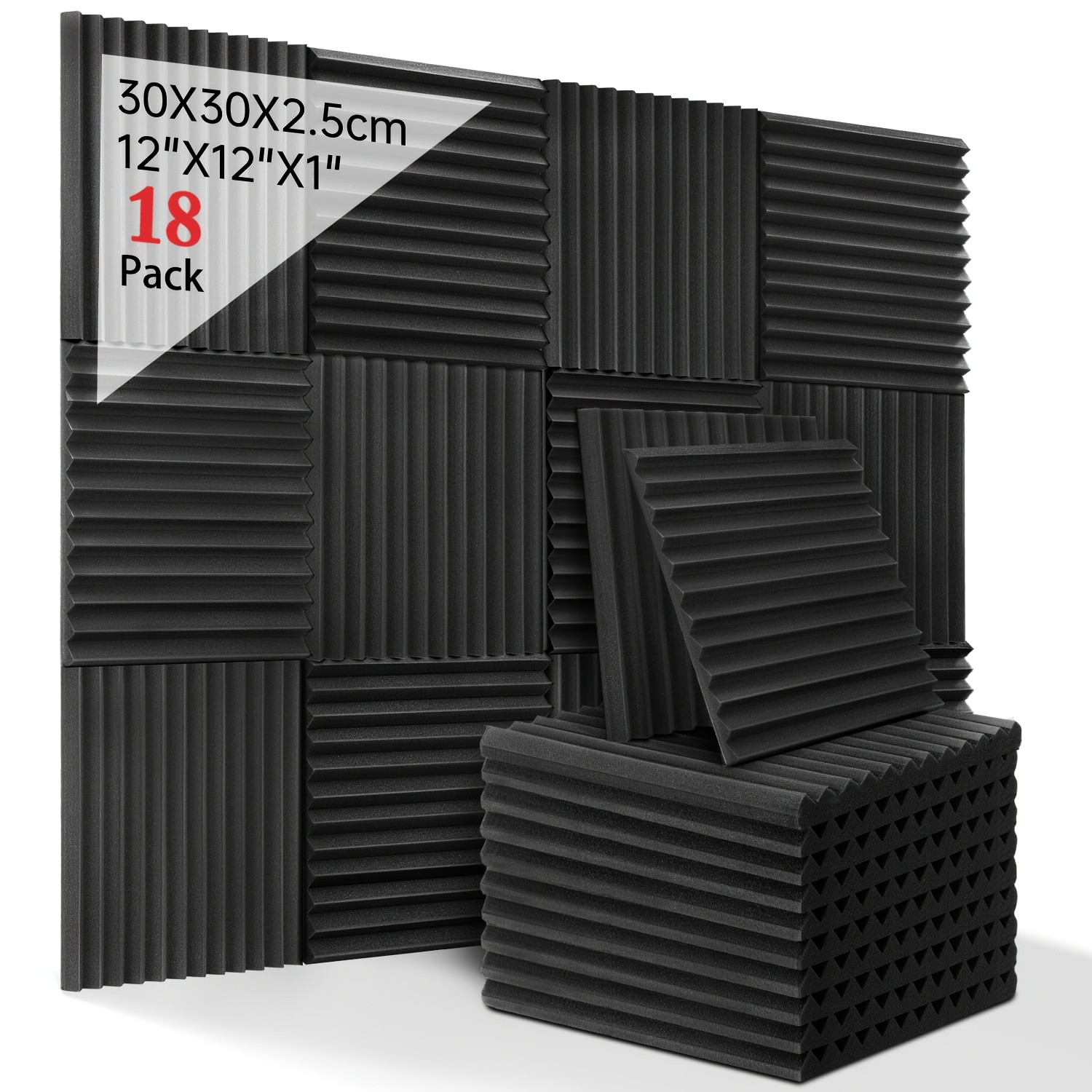 18-Pack High-Density Black Acoustic Foam Panels, Soundproof Wedges for Recording Studio, Music Room, Office, Game Room, Live Streaming, Home Theater, Living Room, Bedroom Walls and Ceilings