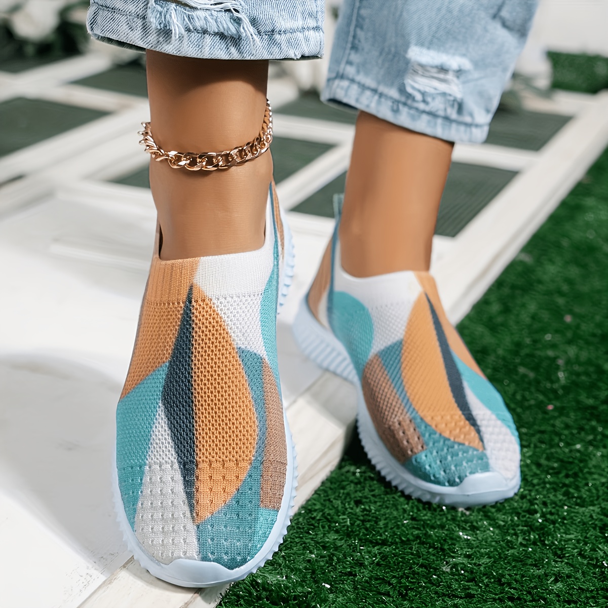 TEMU Women's Breathable Knit Slip-on Platform Sneakers - Floral Print Low-top Walking Shoes With Soft Cushioned Insole, Suitable For Daily Wear,