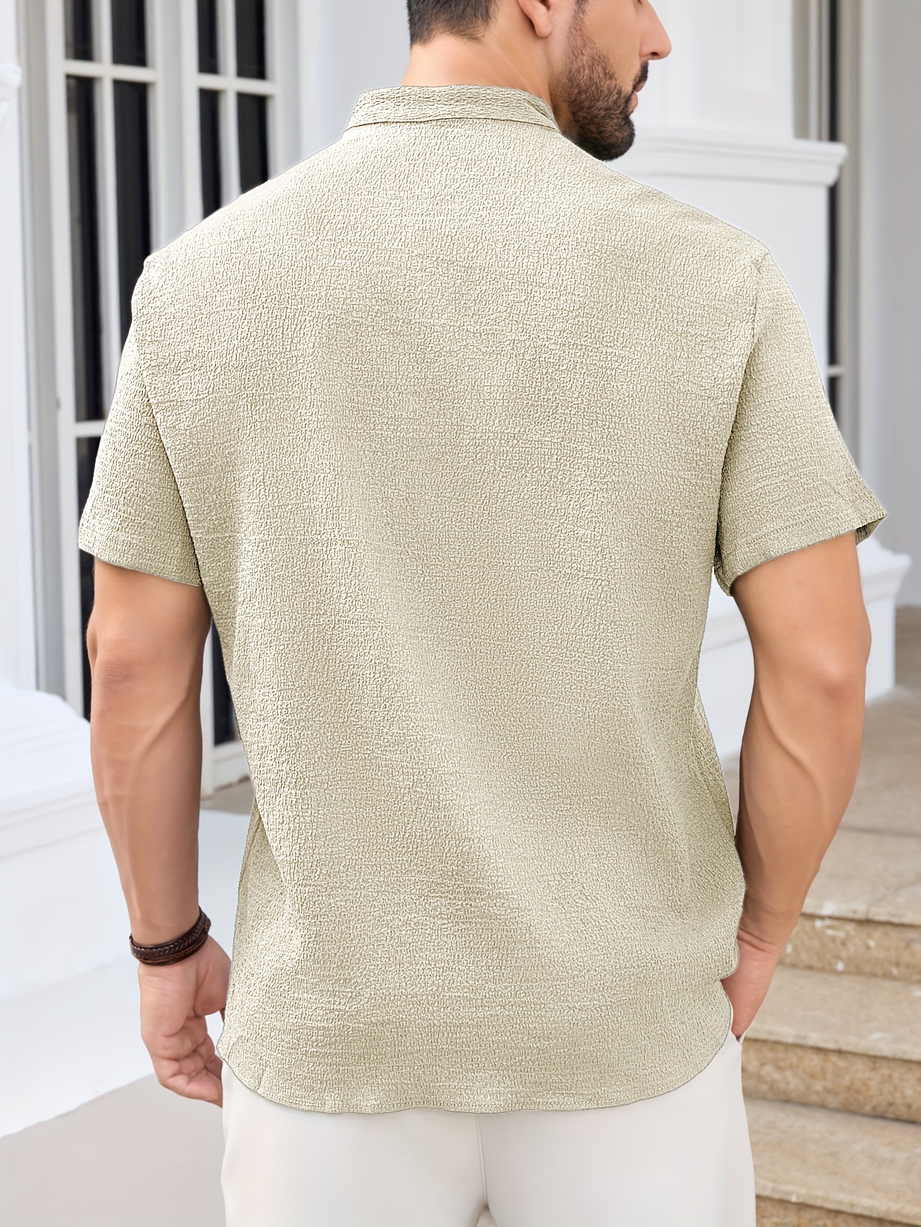 Men'S Lightweight Summer Casual Shirt - Solid Color Beige, Short Sleeve, Stand Collar, Button-Up, Breathable Woven Fabric for Outdoor & Weekend Wear, Relaxed Fit Shirt | Classic Collar Shirt | Durable Fabri