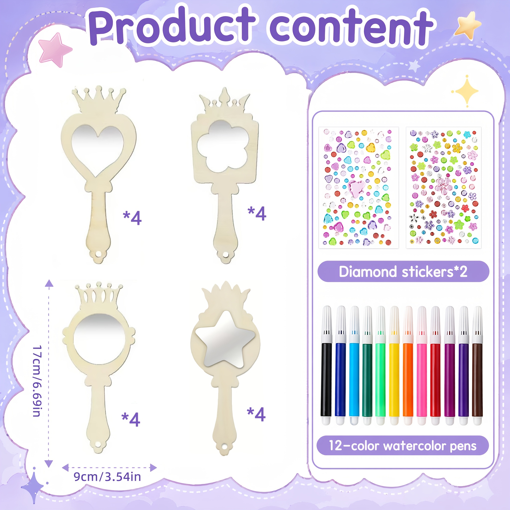 TEMU 30pcs Crown Wooden Mirror Coloring Kit With 16pcs Blank Mirrors, 12pcs Paint Brushes And 2pcs Rhinestone Stickers, Princess Painting Craft Toy,