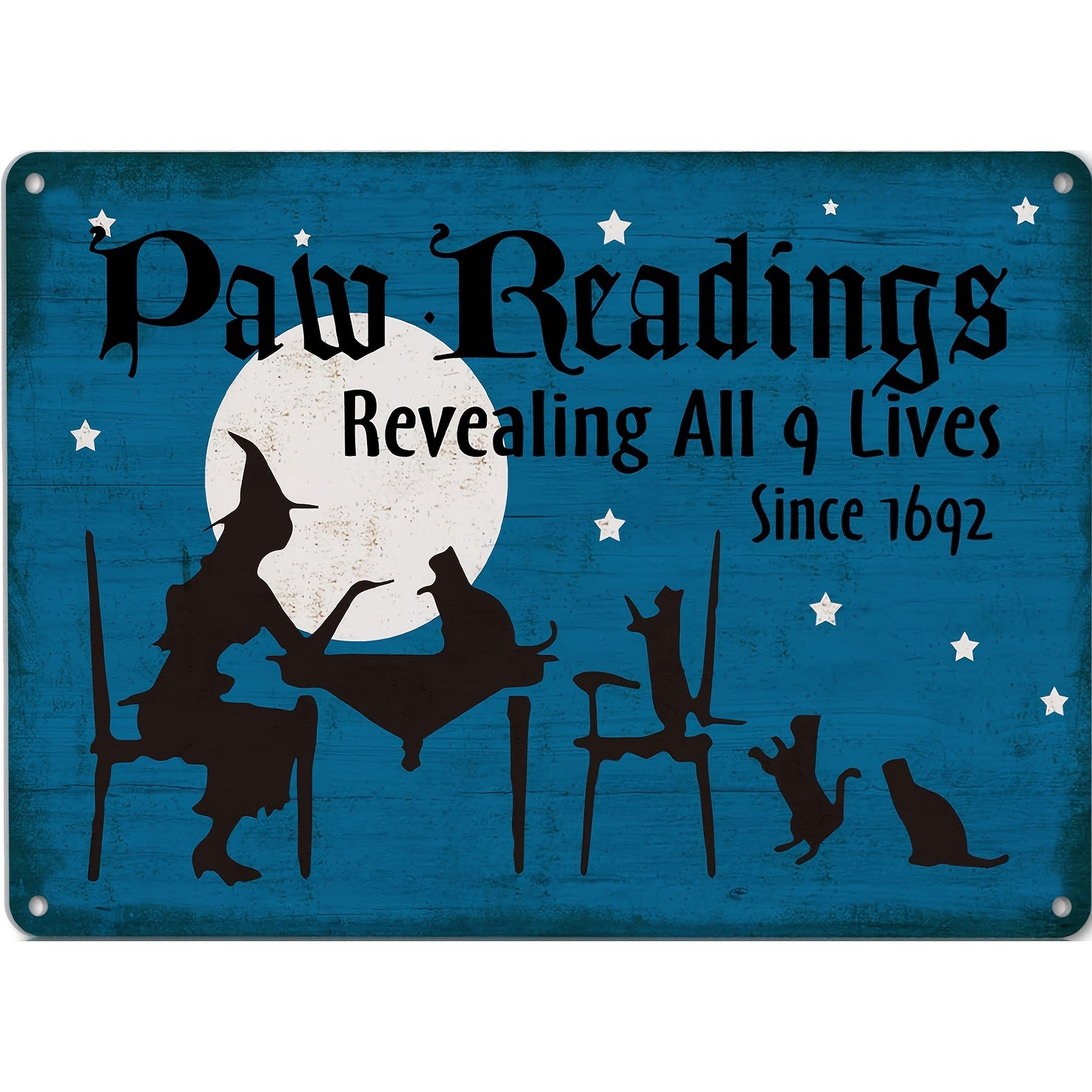 

Paw Readings Metal Sign, Wall Hanging Halloween Decor, Suede Vintage Tin Sign With Witches & Black Cats, English Language, Multipurpose Gothic Yard Decoration, 8x12 Inch - 1 Pc