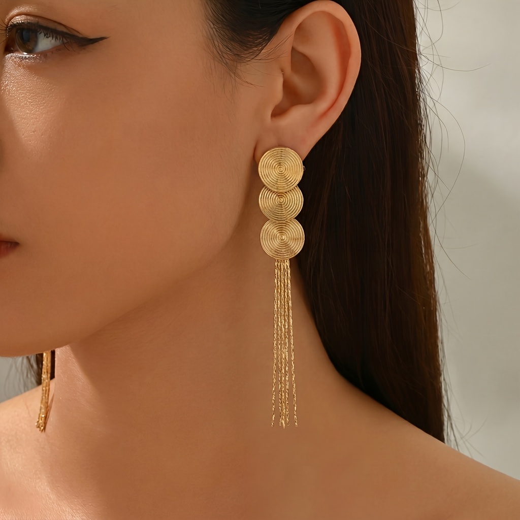 TEMU 1 Paire de Boucles d'Oreilles à Pampilles Rondes Filetées à Couches pour Femmes, Design Spirale , à Longue Chaîne, du Visage pour la , , Fête,