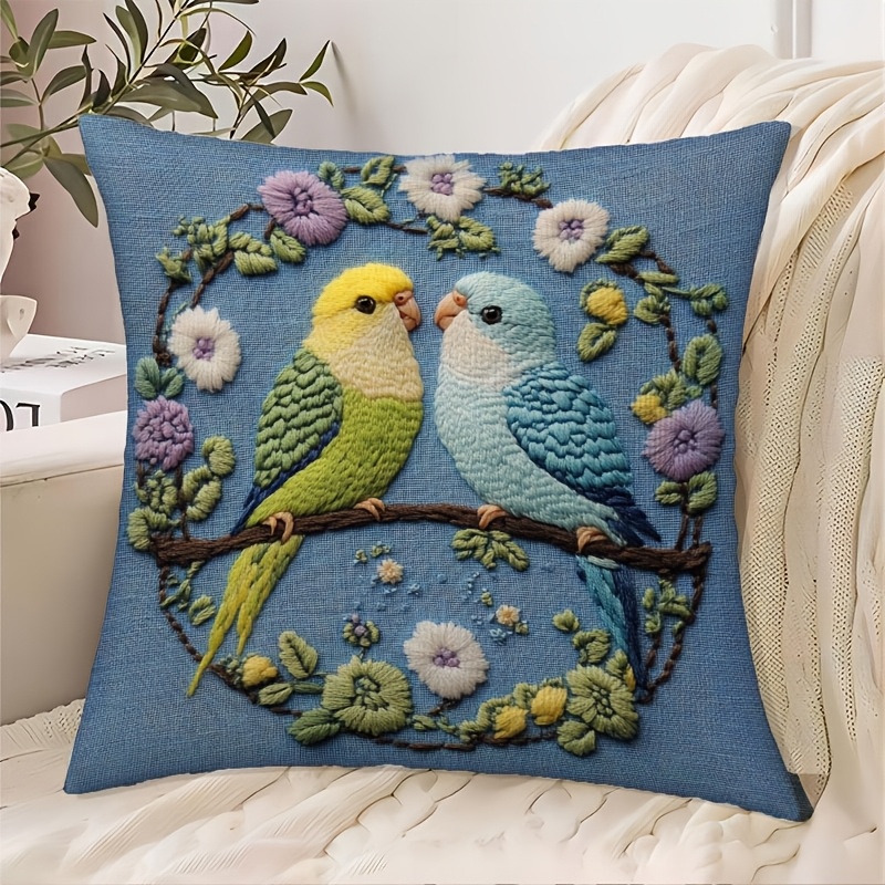 

1pc Budgie & Floral Embroidery Decorative Pillow Cover, 18"x18", Short Plush, Zipper Closure - Sofa, Living Room, Bedroom, Office Home Decor (no Insert), Pillows For Couch