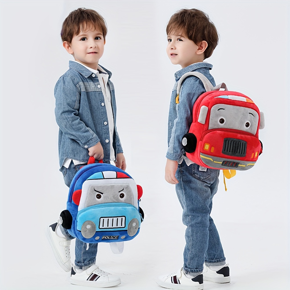 

1pc Boy's And Girl's Small Backpack, Soft Lightweight And Cute Plush Backpack, Police Cars And Fire Trucks Cartoon Patterns Bag, Suitable For 2-4 Years Old Kids