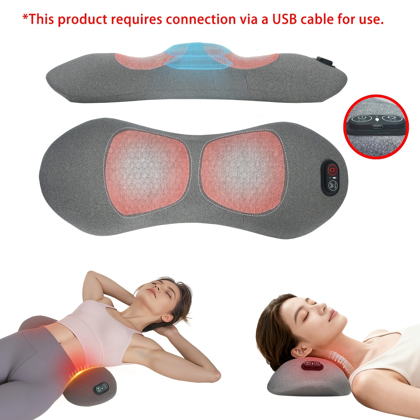 TEMU Oreiller de confort 3-en-1 pour le bas du dos avec chaleur, vibration et support à air, ergonomique pour un confort , idéal pour les employés de