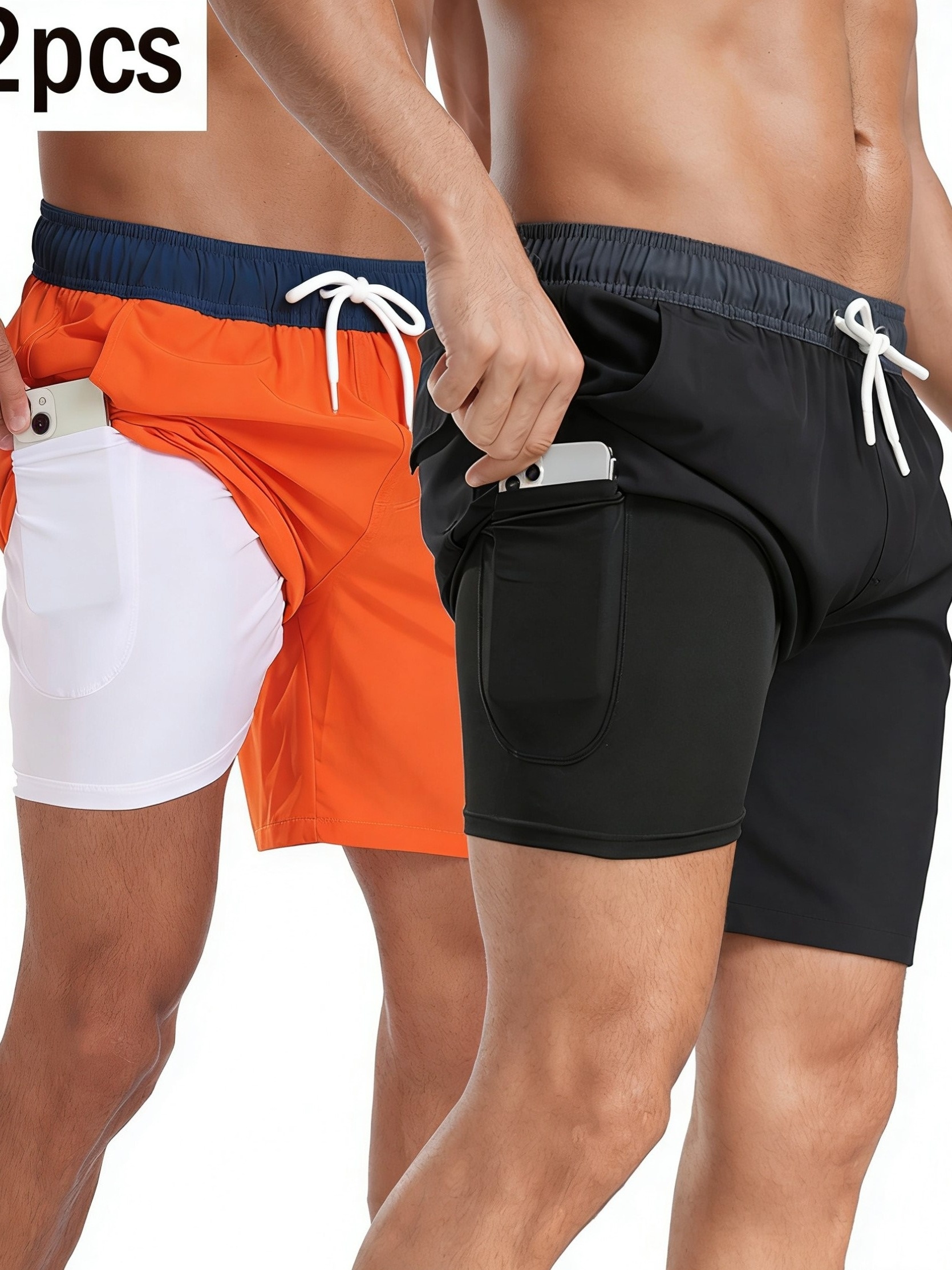 Set of 2 Men'S Casual Sports Shorts, Solid Color Double-Layer Beach Shorts for Fitness, Basketball, And Volleyball