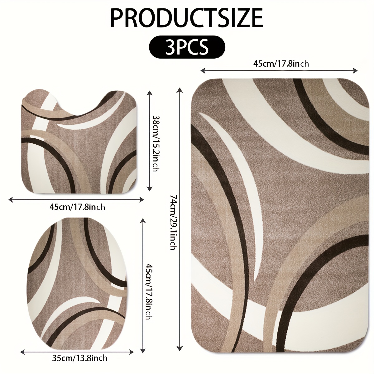 TEMU 3pcs Modern Brown And White Abstract Geometric Print Bathroom Rug Set, Toilet Lid Cover, U-shaped Mat, Soft Surface Flannel Material, Decorative