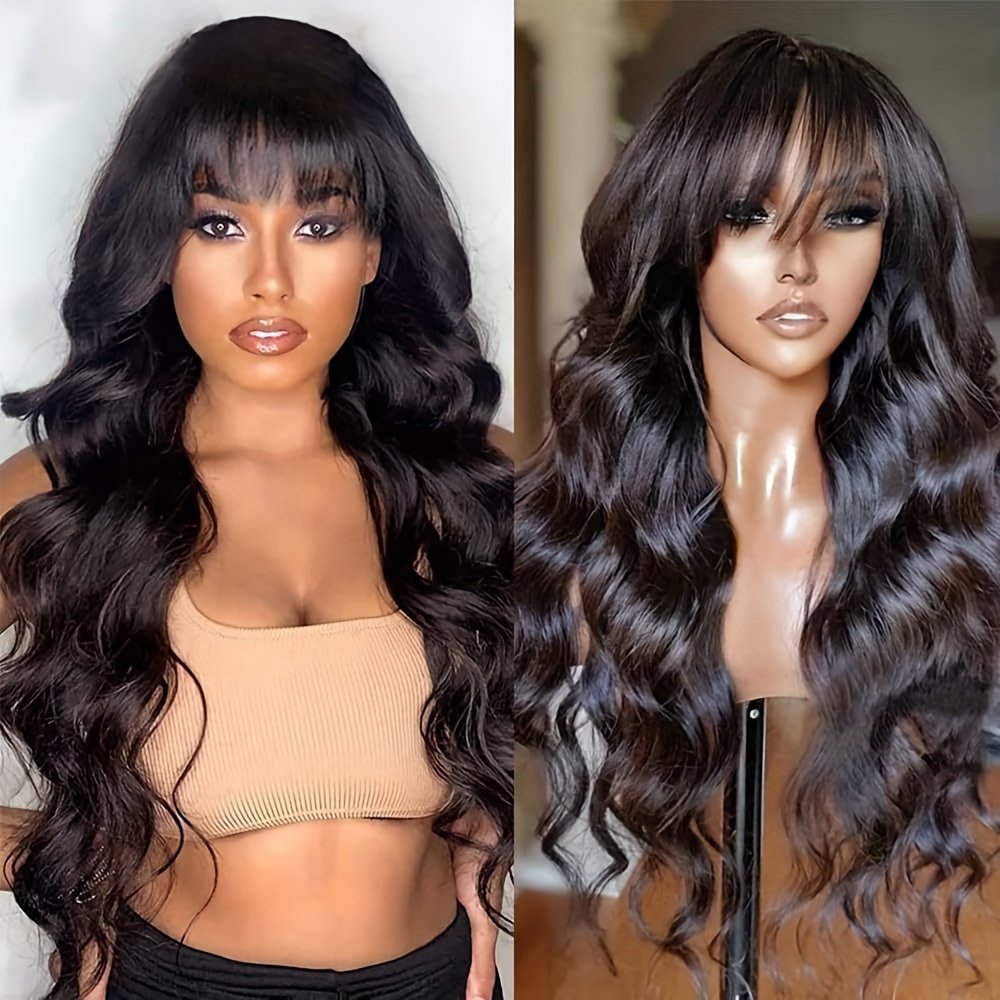 

Body Wave Wigs With Bangs Human Hair Wigs For Women None Lace Front Wigs Brazilian Virgin Hair Glueless Machine Made Wig Human Hair Wigs With Bangs Natural Color 150% Density