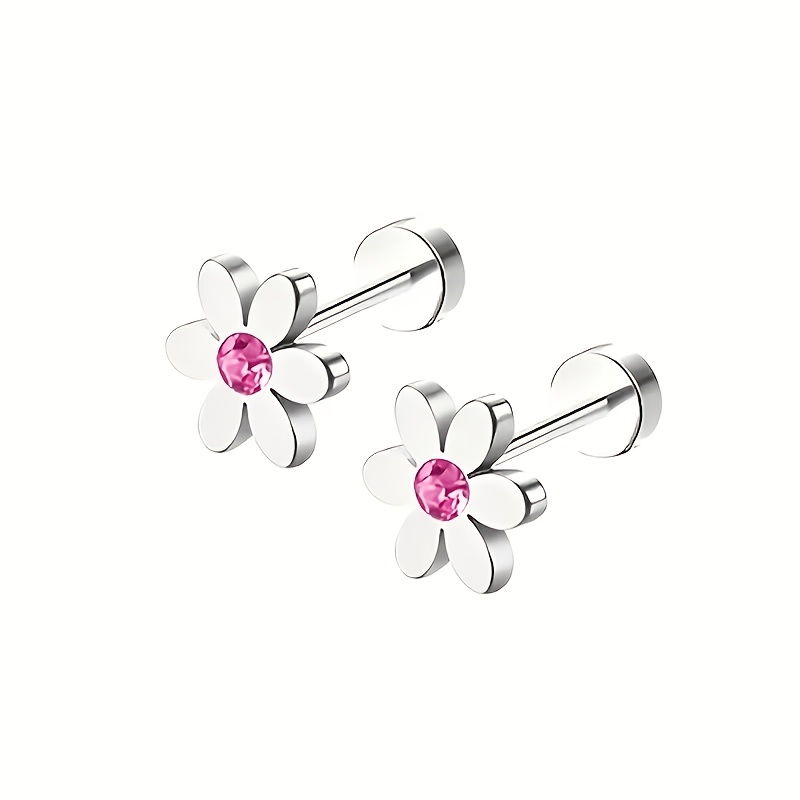 TEMU 1 par de aretes hipoalergénicos para cartílago | Bonita barra de perno con flor de CZ, joyería de acero inoxidable, accesorio para piercing de