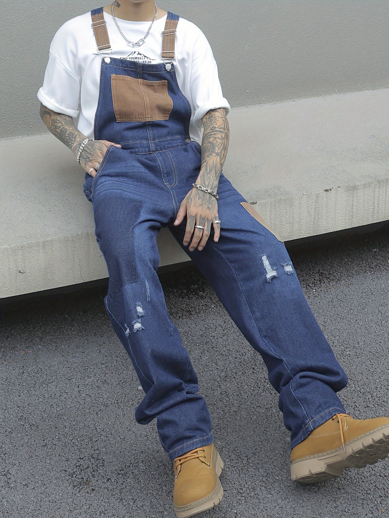 オリジナル men's workwear distressed fit loose casual overalls denim Clothing