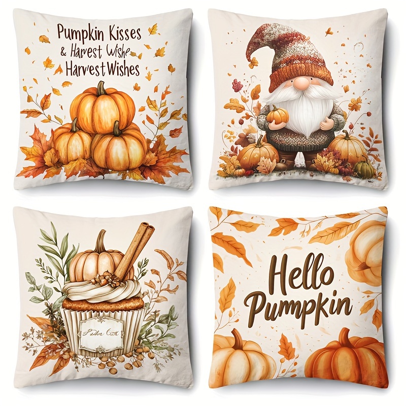 TEMU 4pcs, Decorative Pillowcases - 18x18 Inches, Soft Polyester, Fall Thanksgiving Pumpkin Pattern - Perfect For Living Room, Bedroom, Sofa - Zipper