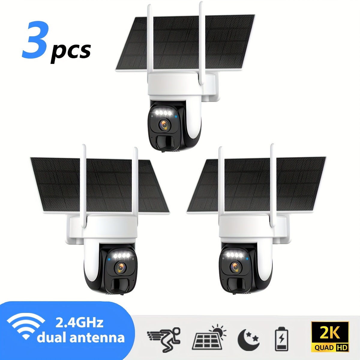 

[3pcs] 360 Solar Panel 2k Fhd Wifi Ip Security Camera Wireless Outdoor, Ip66 Waterproof, With Ai Motion Detection, Color Night Vision And Two-way Audio Functions.