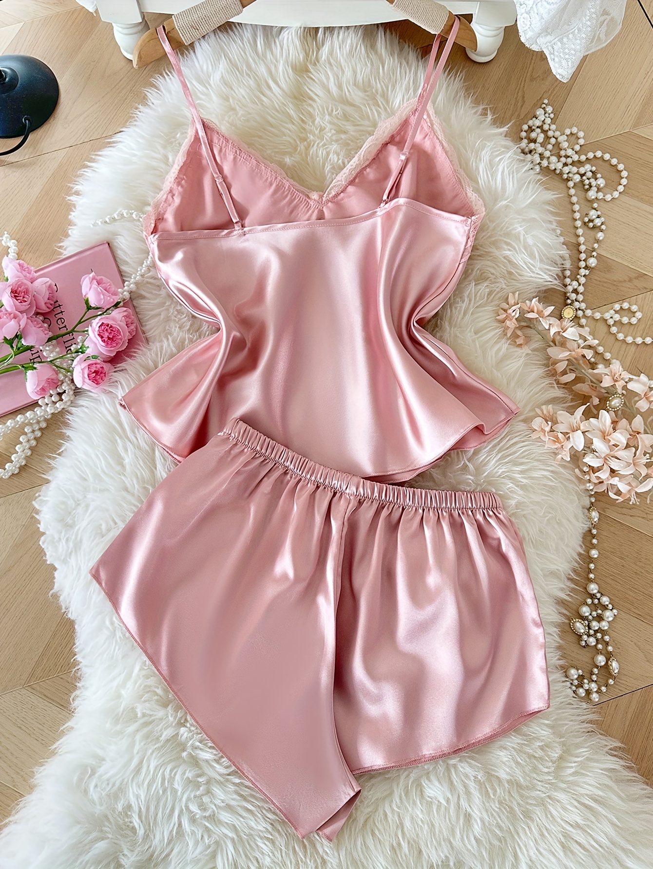 2pcs womens pink satin pajama set v neck lace trim cami top Temu