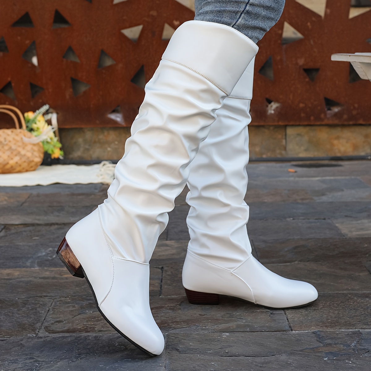 

Women's Solid Color Trendy Boots, Pull On Chunky Heel High Knee Winter Boots, Round Toe Slouchy Boots