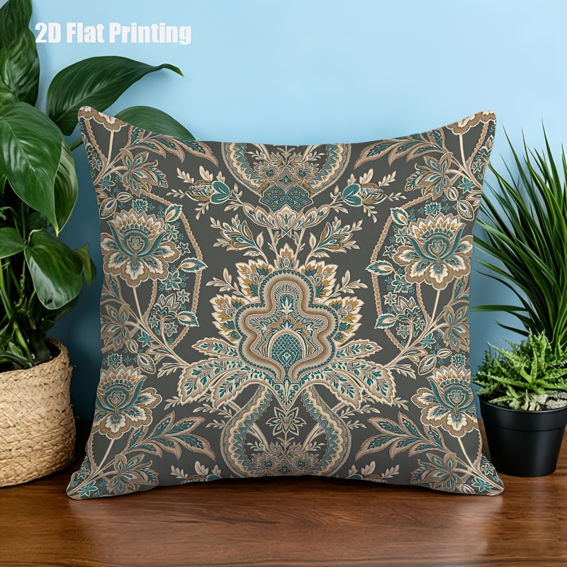 2D Flat, Terrace Cushion Cover, 1pc 18X18 Inches Square Pillow Cover, A Dark Gray Background Features an Intricate, Symmetrical Pattern with Teal, Cream, And Golden Floral Motifs, Including Large Central Blooms, Leaves, And Scrollwork