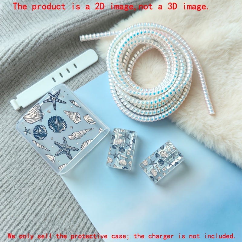 TEMU 5pcs 2d Flat Design Shell Starfish Ocean Element Pattern Phone Charger Protection Set, Charger Head Cover And Cable Protector And Storage Rope