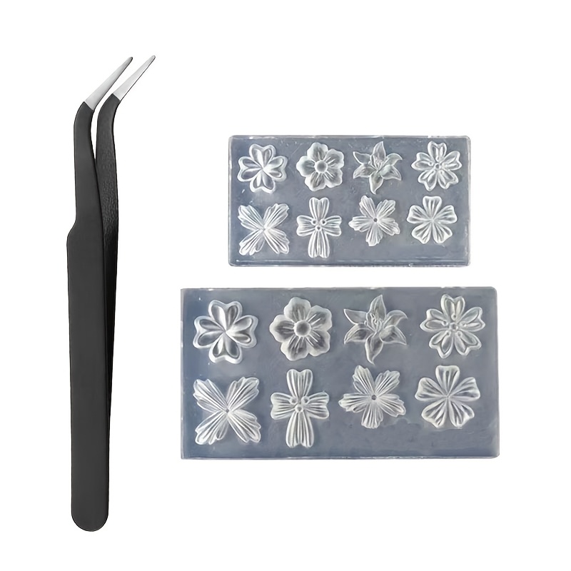 TEMU Set de 3 piezas que 2 moldes de silicona para uñas con forma de flor de de y 1 pinza para moldes de uñas, molde 3D para uñas con forma de floral