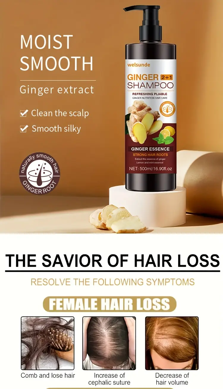 unisex adult 2 in 1 ginger shampoo and conditioner 500ml with plant based squalane moisturizing fine hair promotes smooth scalp hair with ginger details 0
