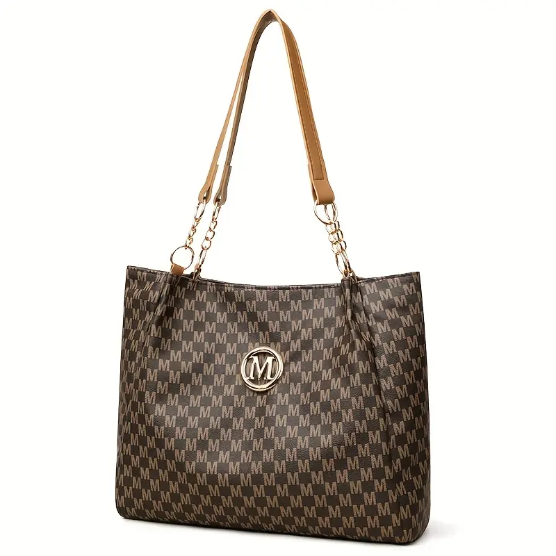 womens vintage tote bag lightweight large capacity convertible shoulder bag clutch synthetic leather with zipper closure hardware decorative m emblem for daily shopping brown white black travel bag details 9