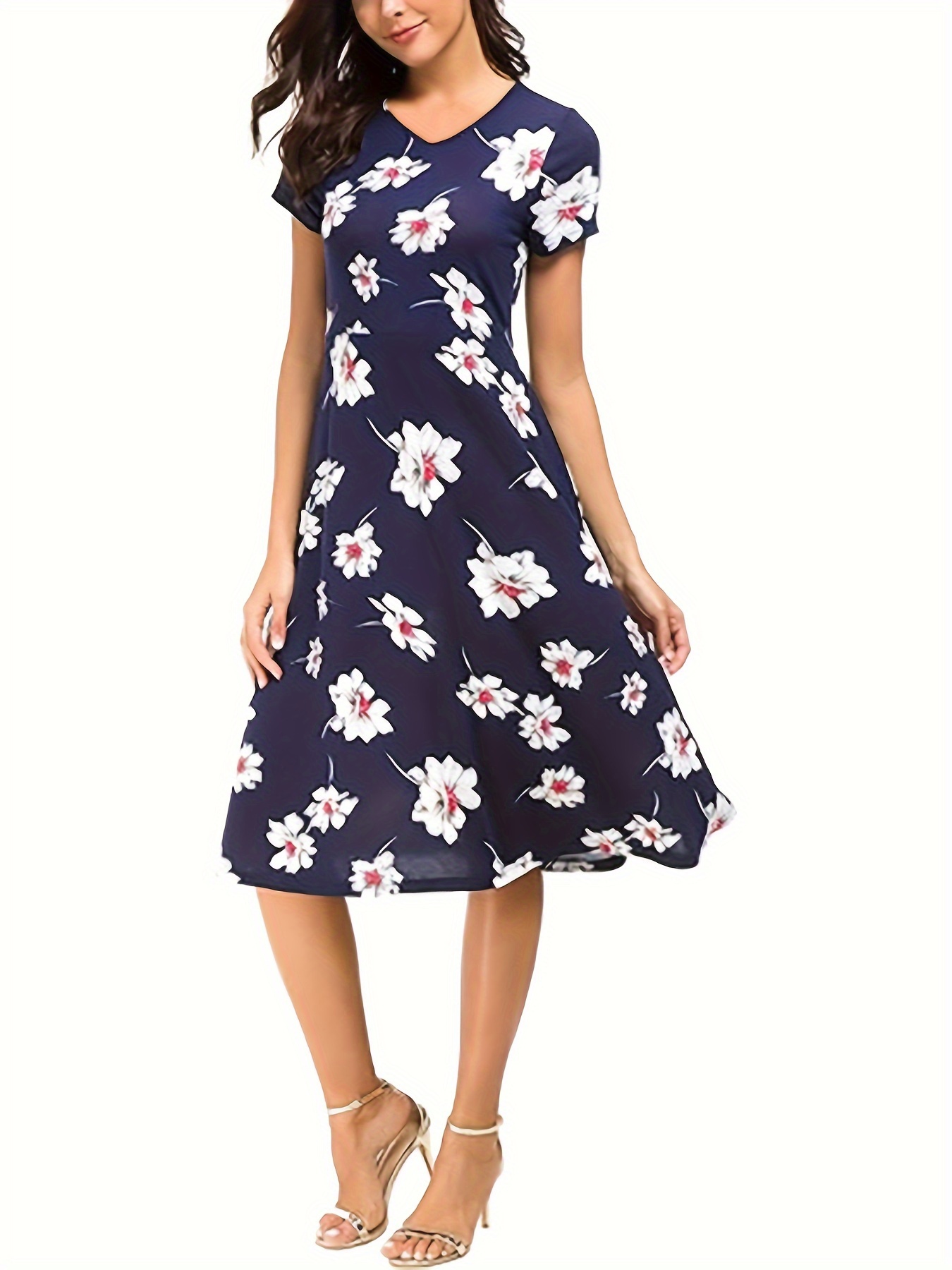 floral print v neck slim dress elegant short sleeve aline dress for spring summer womens clothing navy blue 0