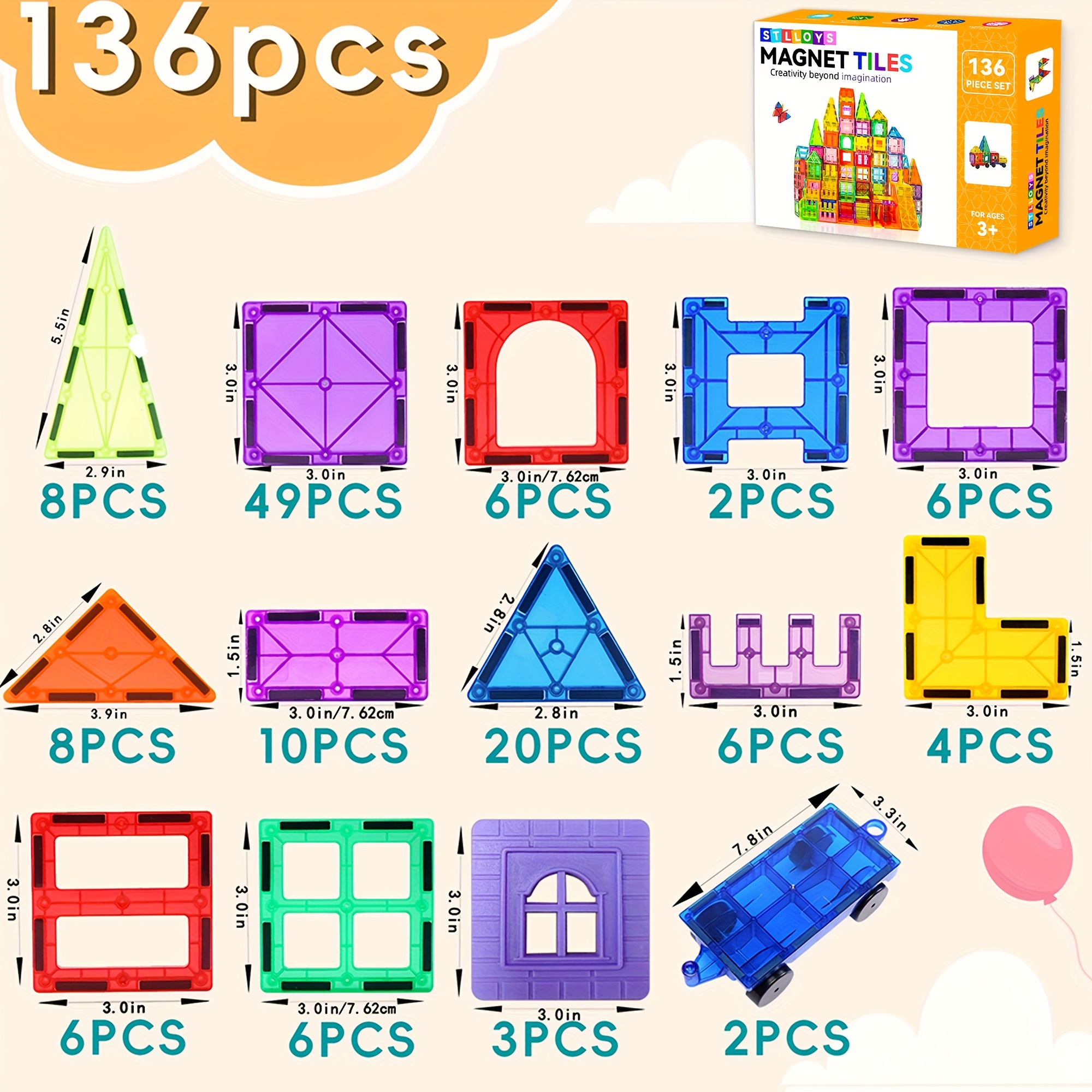 136/106pcs Magnetic Blocks With 2 Cars, Magnetic Tiles Kids Toys, Magnet Tiles 3D Clear Building Blocks Set, STEM Sensory Educational Toys, Birthday Gift For Kids Boys Girls 3 4 5 6 7 8 9+ Year Old