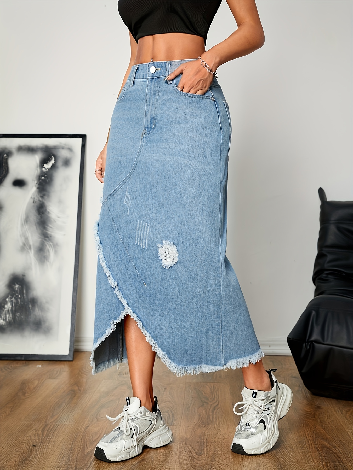 womens elegant casual fashion tassel denim skirt rayon blend