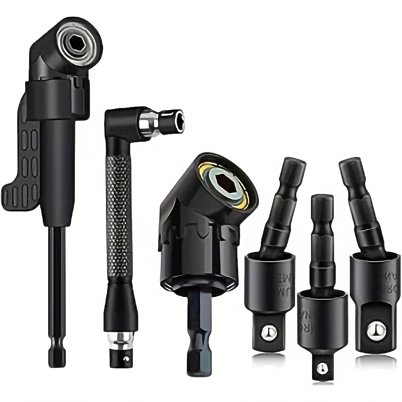 6pcs Right Angle Drill Bit Accessory Set, Includes 3 360° Rotatable 1/ 4 3/ 8 1/ 2" Impact Grade Socket Adapters, 2 Hex Shank 105° Angle Drill Bit Adapters And 90° Drill Bit