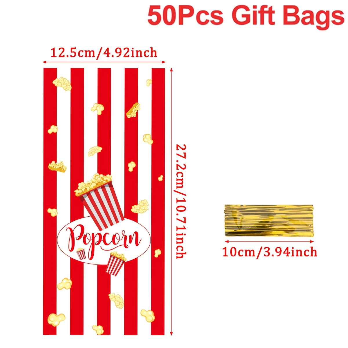 25/50pcs Popcorn-shaped Gift Bags With Popcorn-filled Look (no Real Popcorn) - Plastic Party Favor Bags For Birthday, Baby Shower, Movie Night - Striped Candy-like Packaging (25 Or 50 Bags Bulk Pack)