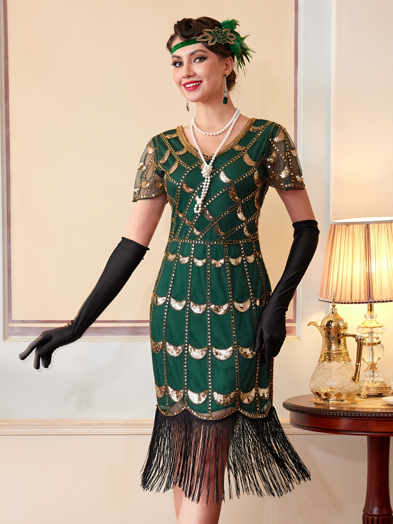emerald green 1920s flapper dress plus size [Plus Size] Green 1920s V-Neck Tassels Flapper Dress main image 0