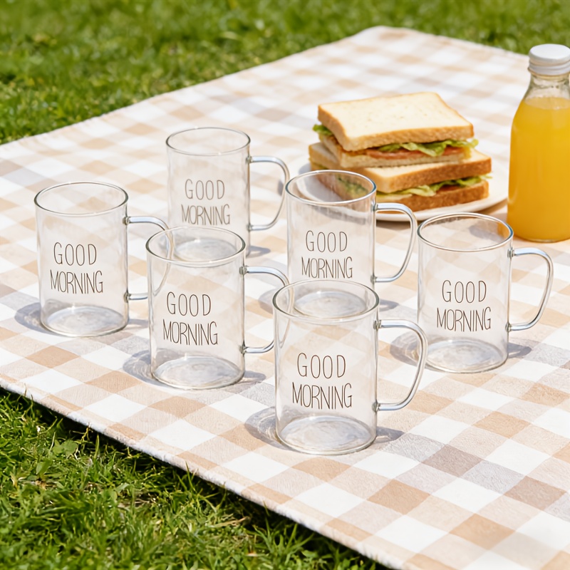6er-Set „Guten *“ Tassen mit Henkeln schwarz-weißem Schriftzug *-Frühstückstassen, transparentes hitzebeständiges * * für Milch, Kaffee * * Getränke, ideal für den Heimgebrauch Anlässe, Geschenke,