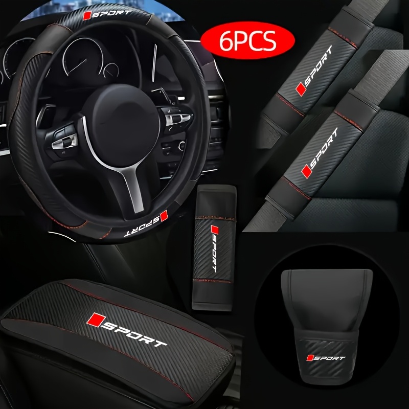 TEMU Sport Print Carbon Fiber Pattern Car Interior 6pcs Set, Pu Leather Steering Wheel Cover 14.96 Inch, Universal Seat Belt Shoulder Pads, Manual