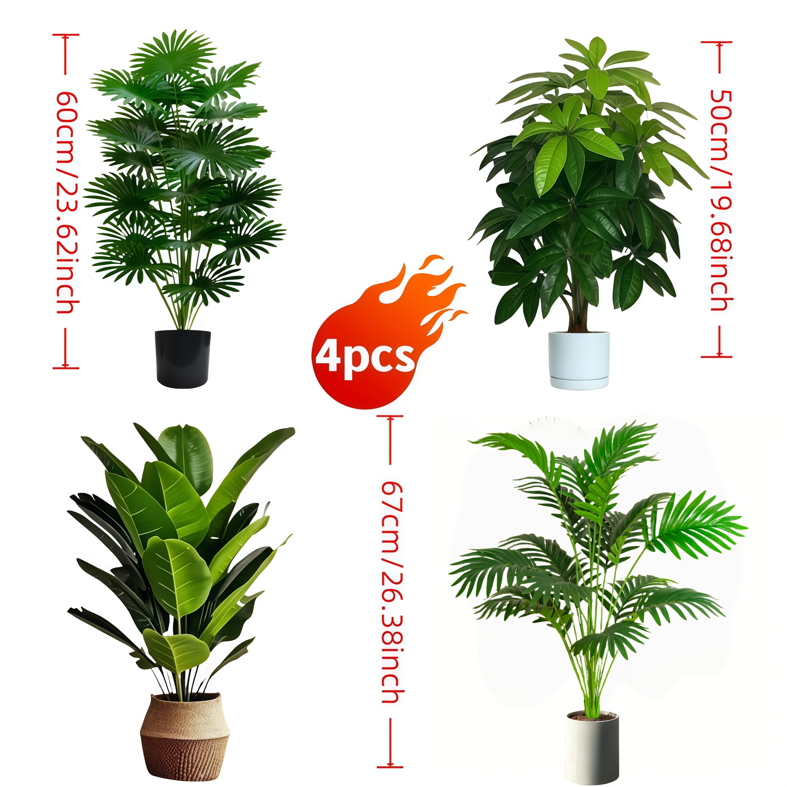 4pcs, Includes 48 Large Leaf Artificial Plants - Lush Fortune Tree and Palm Bird of Paradise Plant, Suitable for Outdoor Use - Maintenance-Free Wide-Leaf Tropical Decorative Trees, Year-Round Indoor/Outdoor Potted Plants, Wedding, Hotel, Garden.