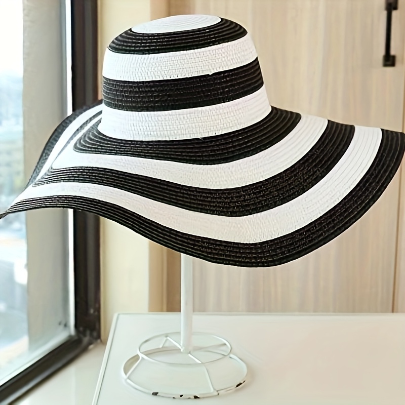 Women's Beach Sun Hat, Black And White Striped Straw Hat, Soft Foldable Wide Brim Hat, Black And White
