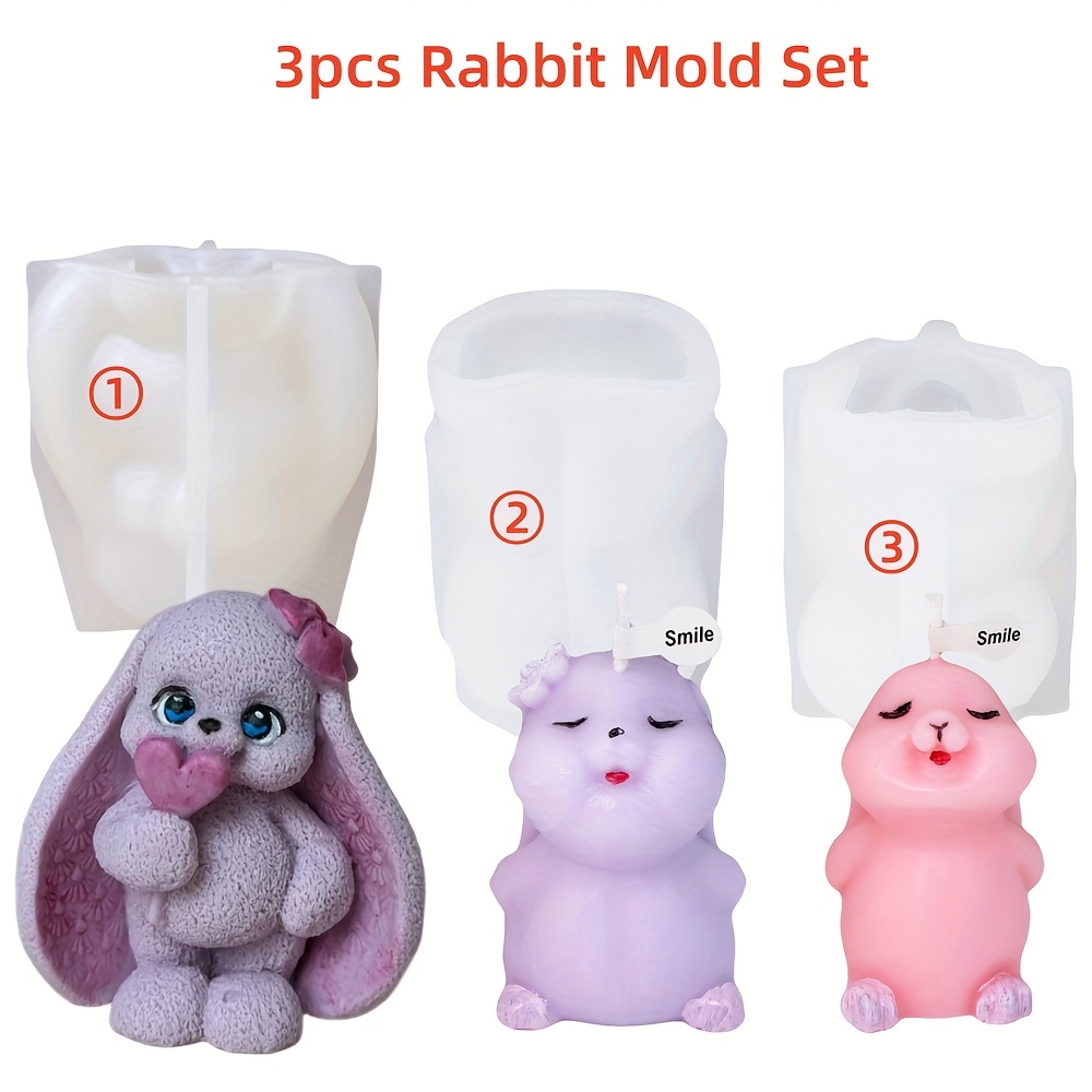 3pcs Adorable Long Eared Bunny Candle Mold, Bunny Silicone Resin Mold For Bunny Shower Gift, Birthday Party, Party Favors, Wedding Favors, Rabbit Gift, Bunny Candle