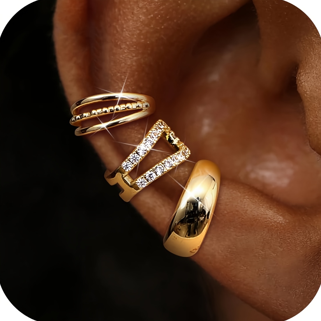 Image of 3pcs Set Of Women's Golden Ear Clips No Piercing Geometric Line Ear Jewelry Matching Accessory Suitable For Women To Wear