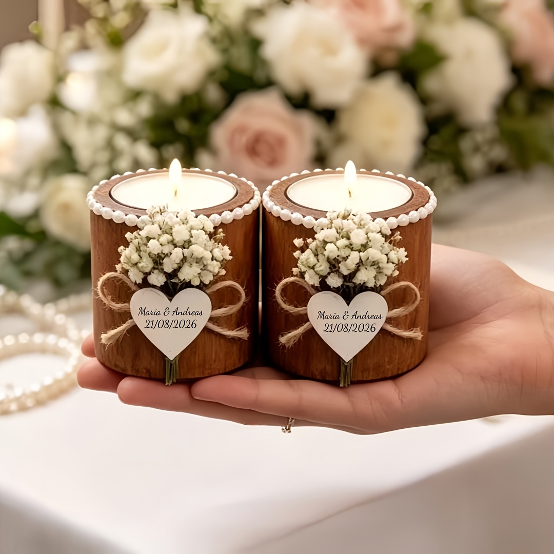 TEMU [Personnalisable] Petite bougie décorative cylindrique pour mariage, décoration de table en bois personnalisée avec des du mari et de mariée et