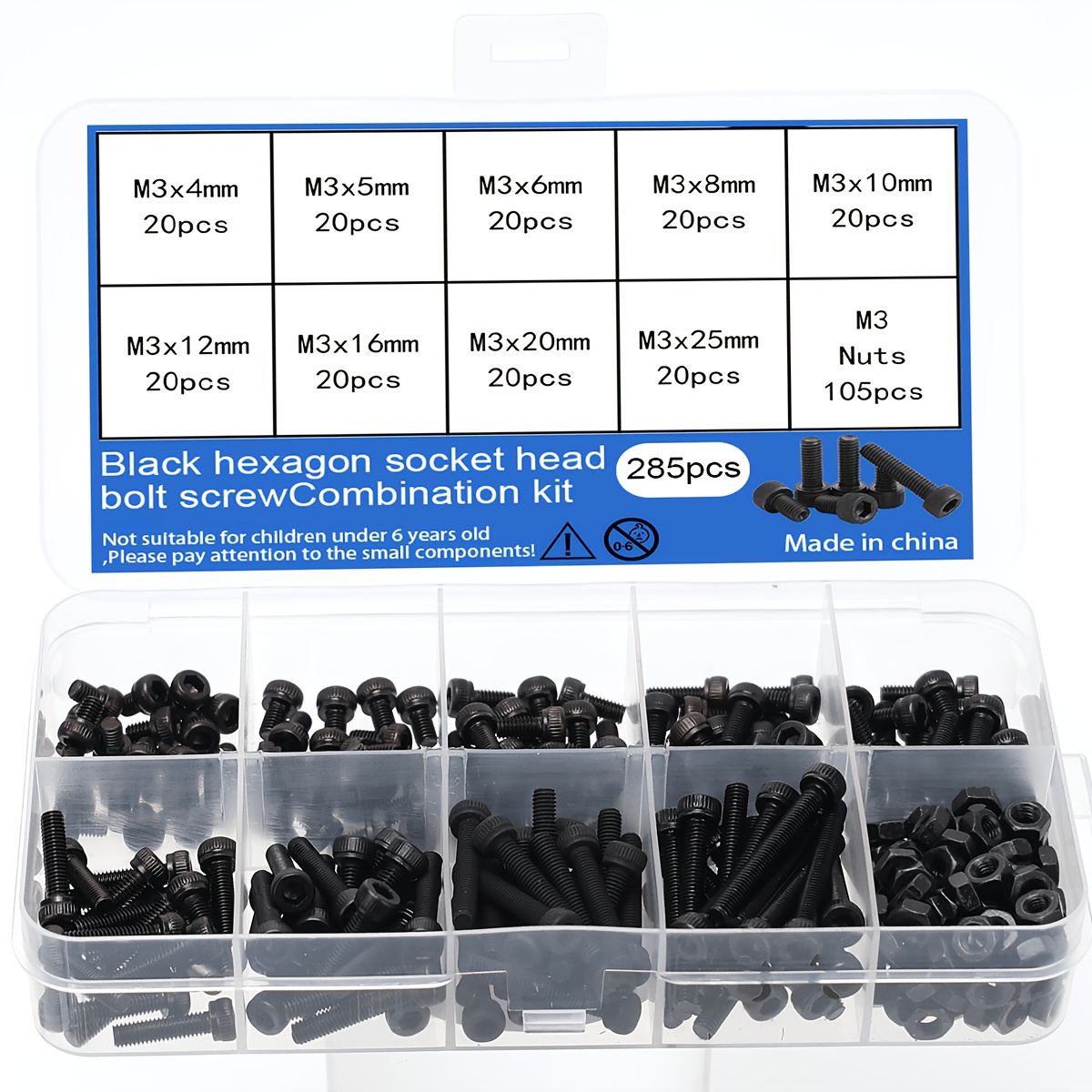 E-shop 285-teiliges Set - M3 Steckschrauben, Nusskopf Schrauben, 12.9 Legierung Stahl M3/4mm-25mm Schwarze Steckschrauben und Muttern