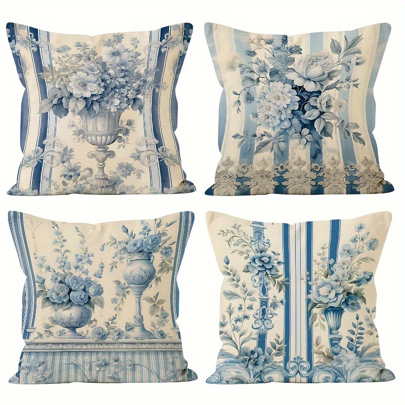

4pcs Farmhouse Blue Flower Throw Pillow Covers Orchid Butterfly Cotton Linen Floral Cushion Case For Couch Outdoor Sofa Living Room Bed Indoors Home Décor 18inchx18 Inch